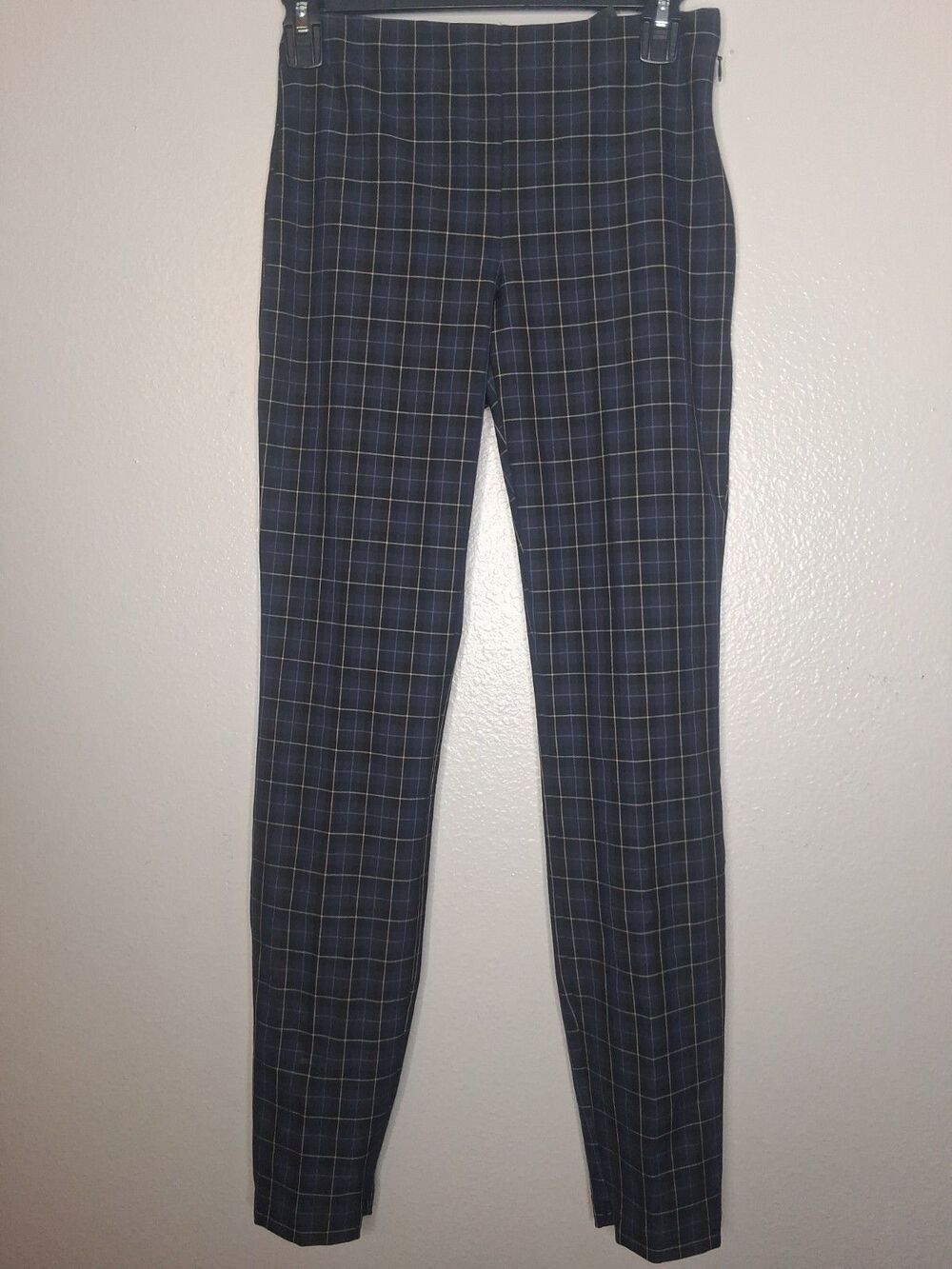 Theory Womens Black Blue Plaid Flat Front Skinny Leg Stretch Pants Side Zip Sz 0